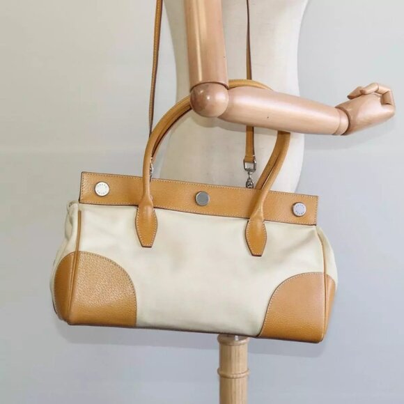 PRADA 2way Hand Bag Canvas Leather Beige Silver Auth - Picture 1 of 16